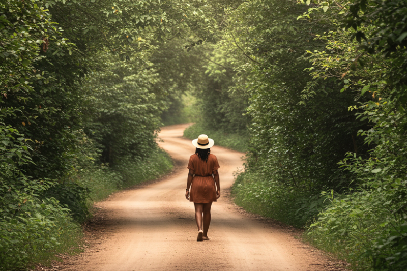 A woman walking down a winding path - trusting God to lead the way – Letting go of control and surrendering perfectionism to God’s timing and direction.