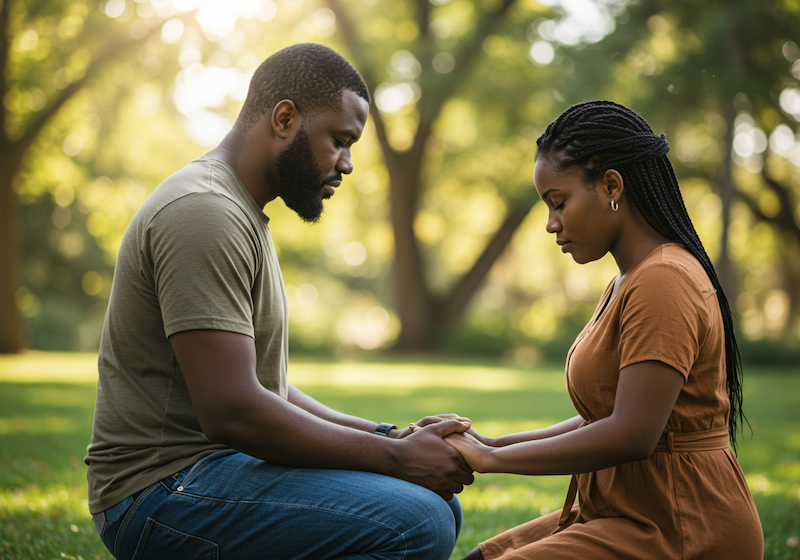 Couple praying together over an open Bible, symbolizing prioritizing God in marriage.