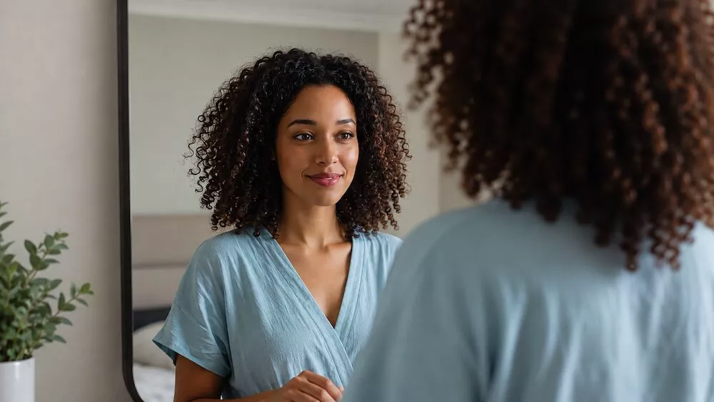 Woman with curly hair smiling at her reflection in a mirror, representing self-acceptance and overcoming comparison.