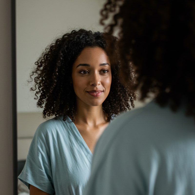 Christian woman smiling into mirror, learning to embrace who God made her to be instead of comparing herself to others.