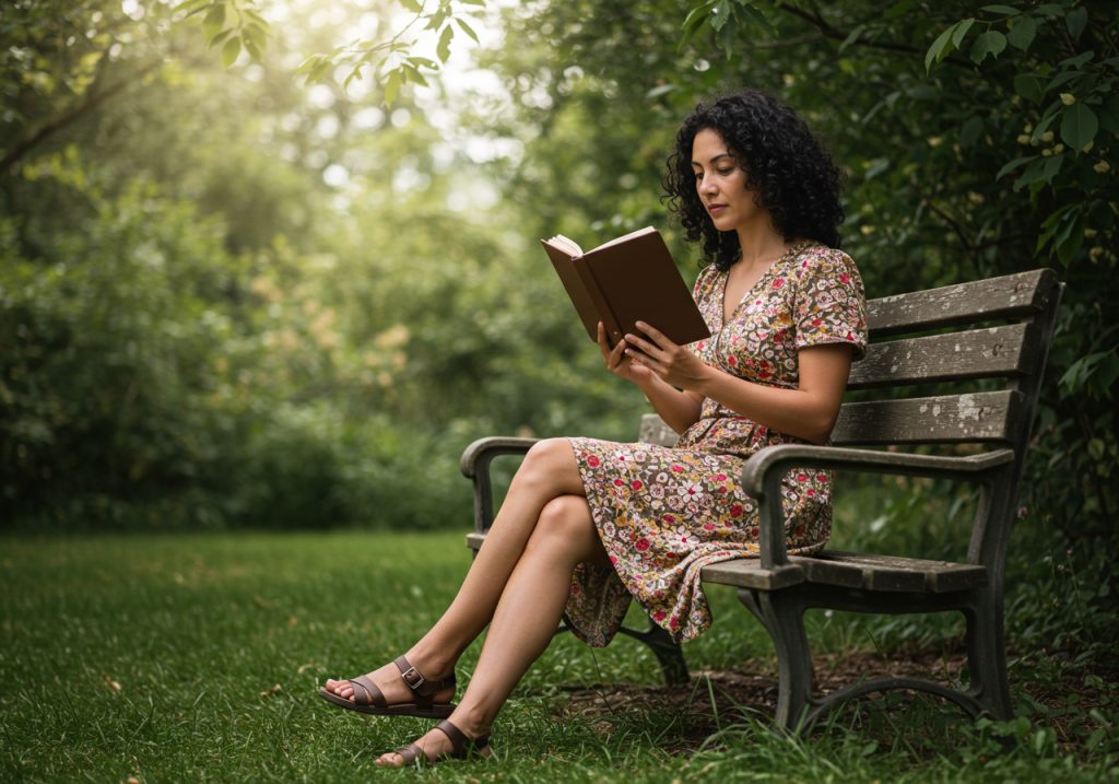 Christian woman reading the Bible in a peaceful outdoor setting, symbolizing spiritual growth and connection with God.