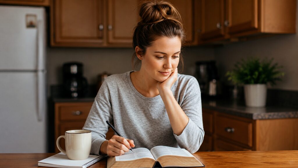 Christian woman studying Bible with coffee and journal, embracing peace.