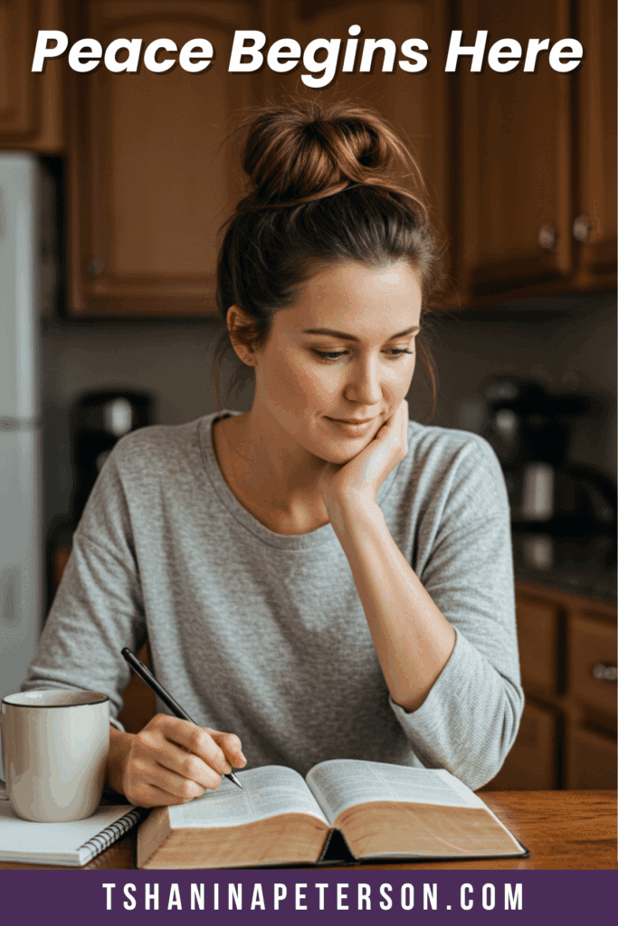 Christian woman studying Bible with coffee and journal, embracing peace.