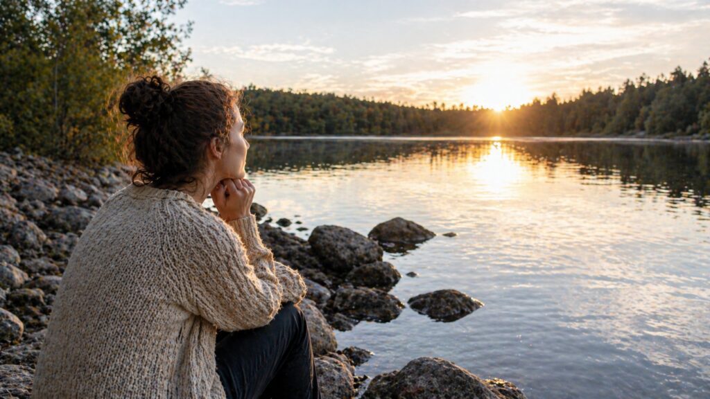 Woman sitting by a peaceful lake at sunset reflecting during a difficult season