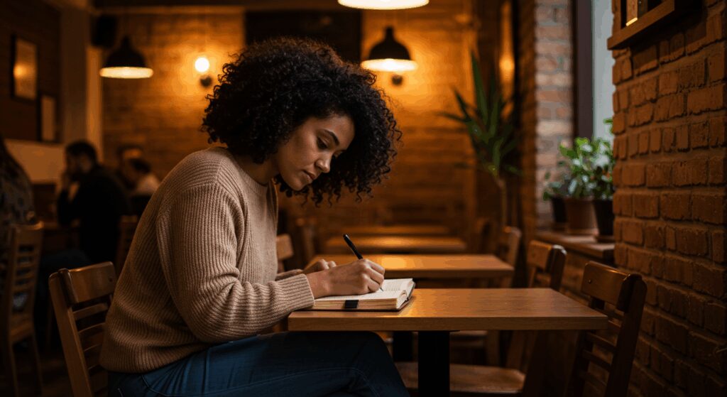 Woman seated in a café or cozy spot, writing in a journal; healing heart when worry won’t let go