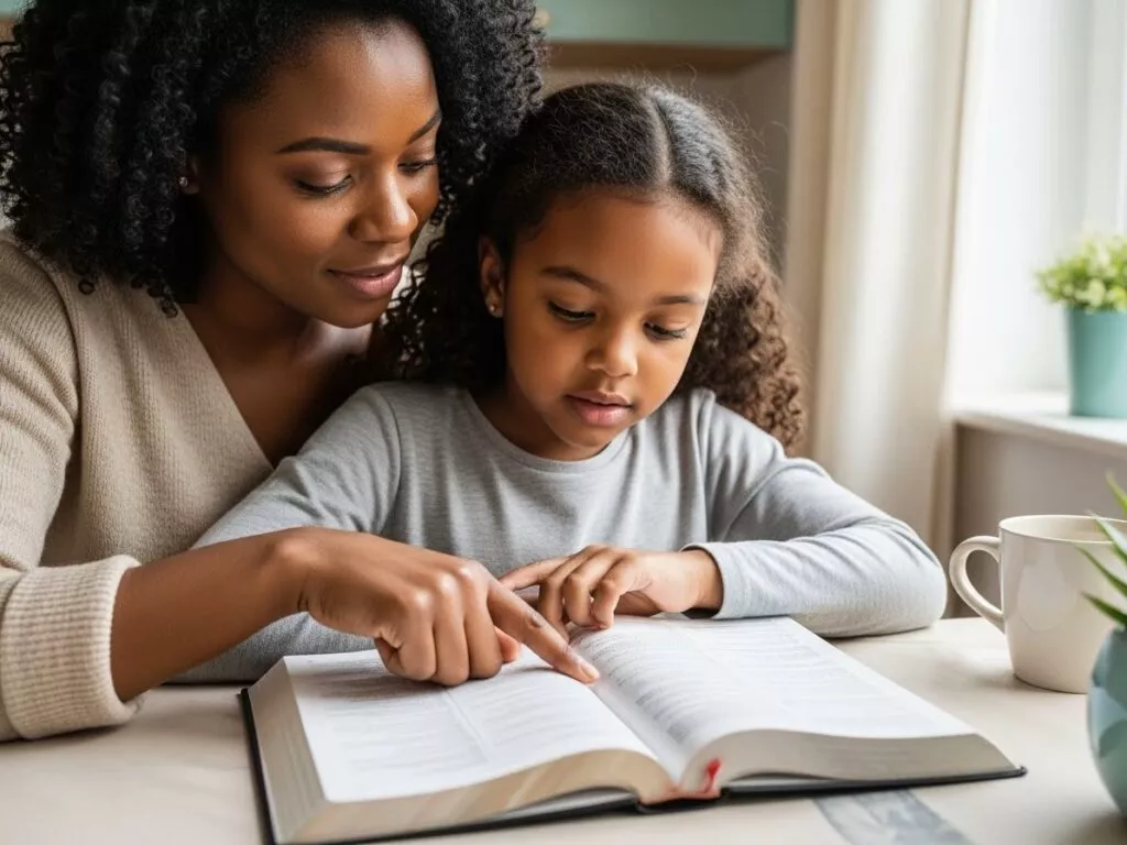 mother and young child sitting together at a table, looking at an open Bible