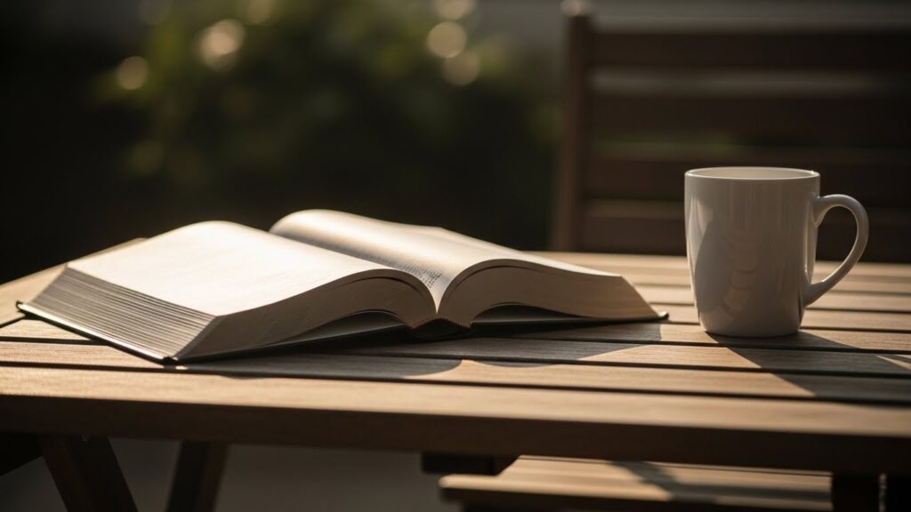 open bible beside a ceramic mug on a picnic table