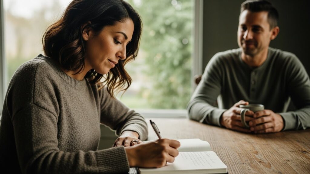 A Christian wife writing in a prayer journal while her husband sits nearby