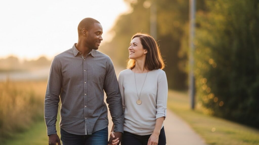 Christian couple walking together outdoors during a quiet moment