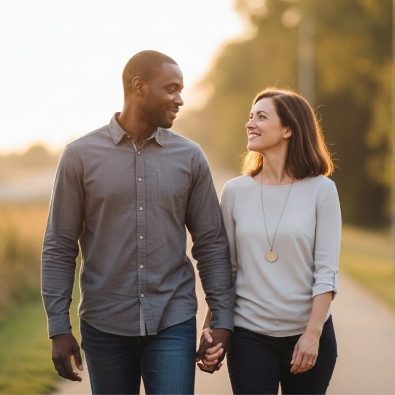 Christian couple walking together outdoors during a quiet moment