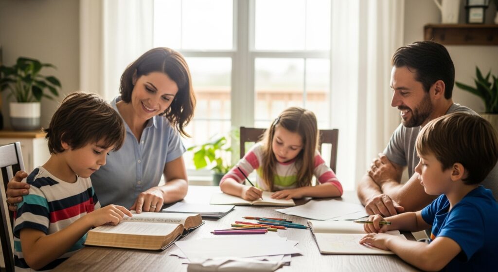 A Christian family sitting together at a table as a child reads from the Bible, sharing a quiet, faith-filled Easter moment at home.
