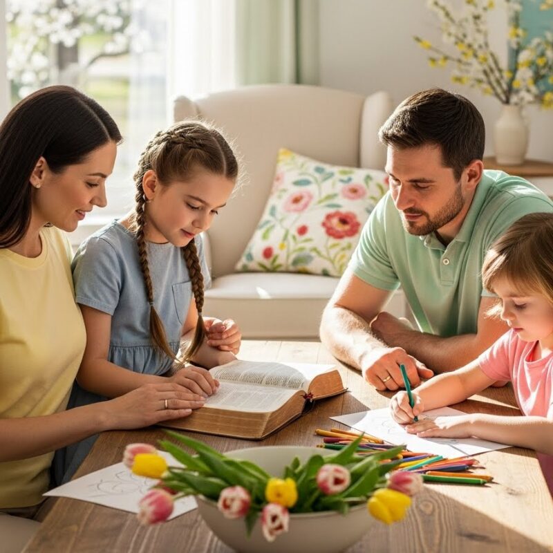 Christian family gathered at a table for a calm, faith-filled Easter moment at home