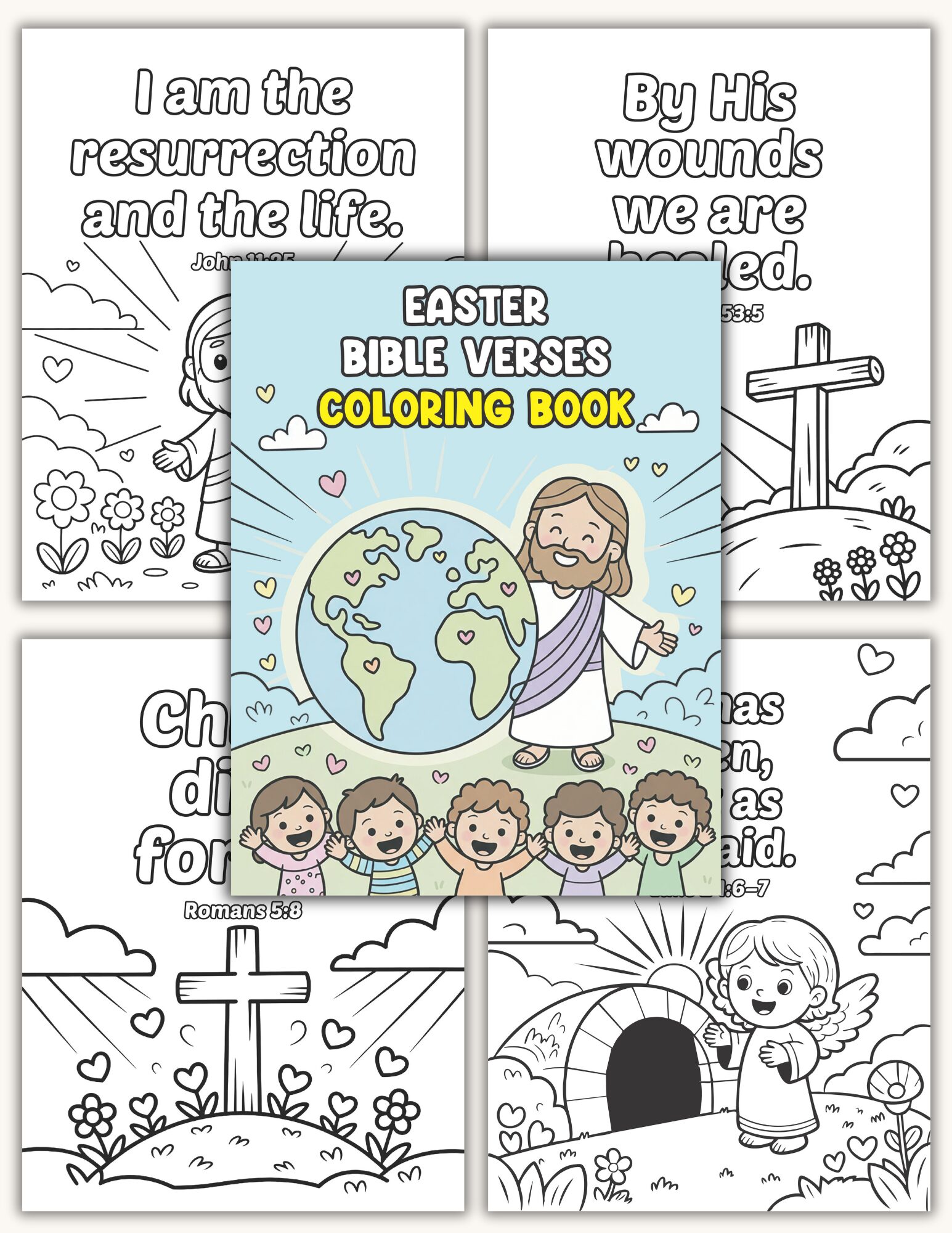 easter bible verse coloring pages for kids-preview Easter Bible verses coloring book preview with Jesus illustration and Scripture coloring pages.