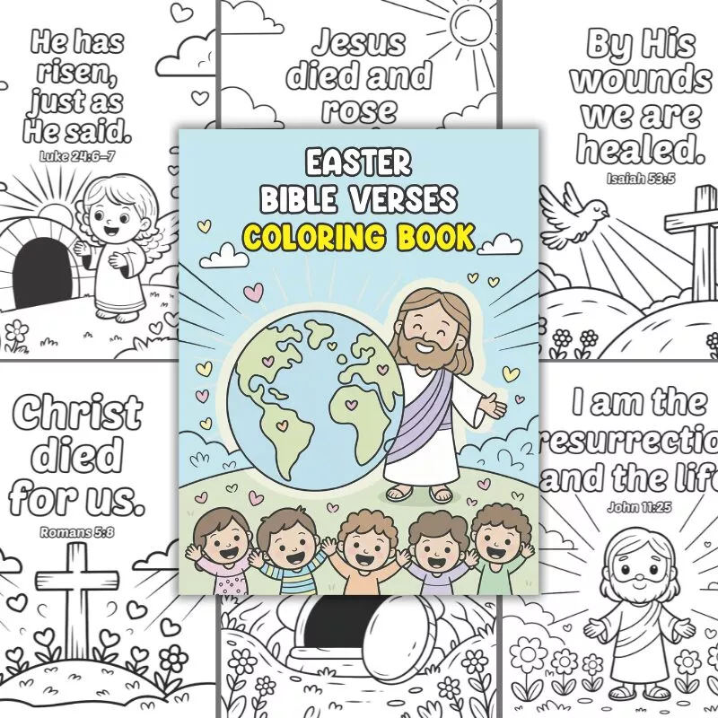 Easter Bible verses coloring book preview with Jesus illustration and Scripture coloring pages.