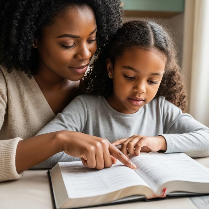 mother and young child sitting together at a table, looking at an open Bible