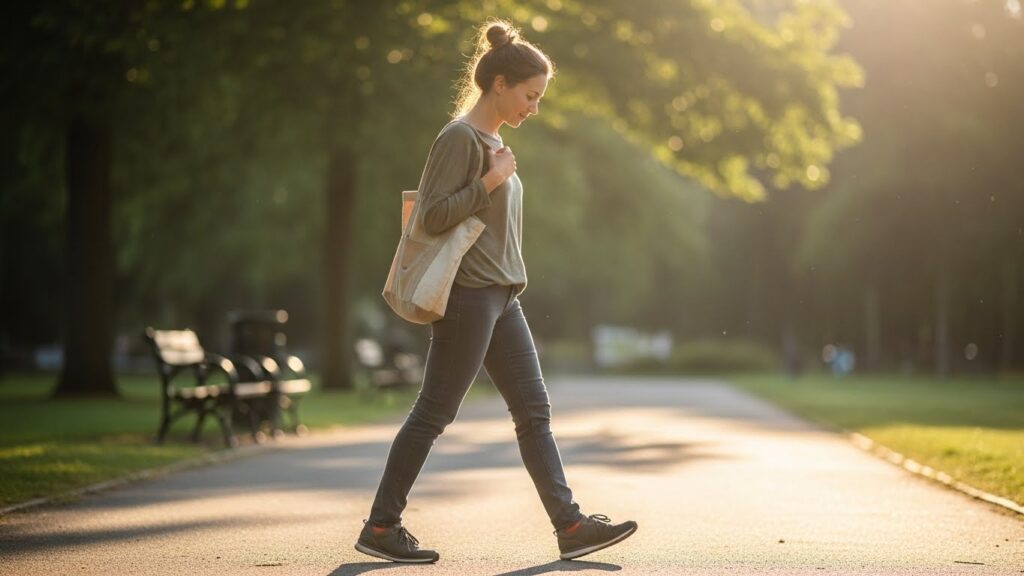 Woman walking outside during a quiet moment in a busy day.