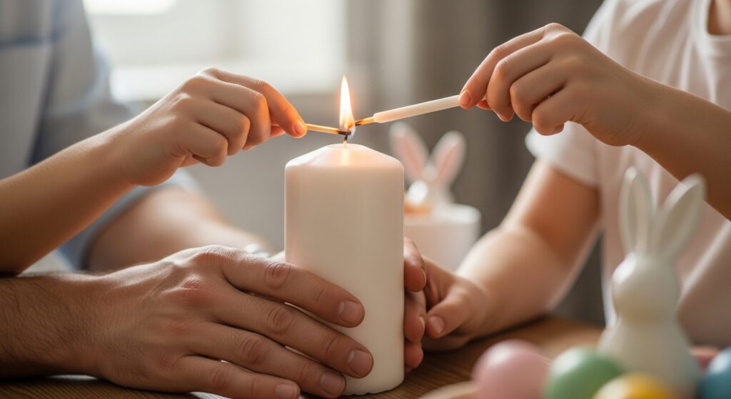 Family hands lighting a candle together on Easter morning during a quiet, faith-filled moment at home.