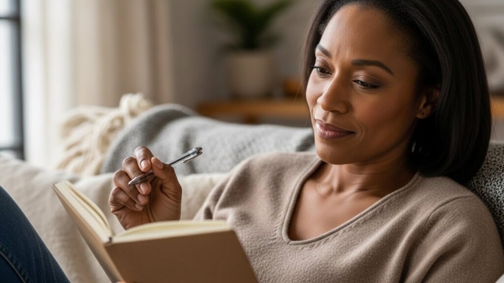 Woman sitting on a couch writing in a notebook during a quiet moment at home.