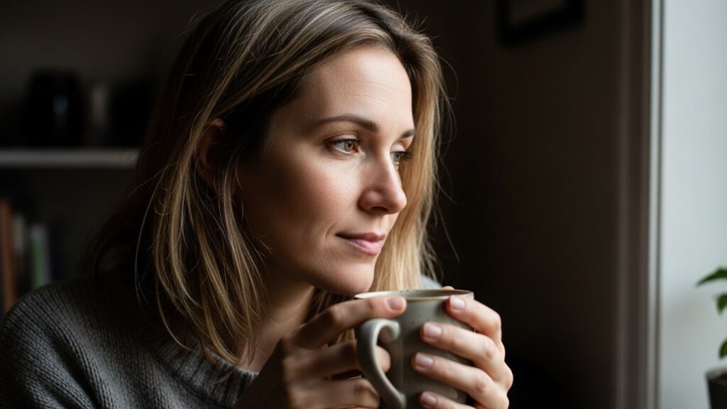 Woman sitting quietly with coffee in soft morning light, reflecting during a busy season of life.
