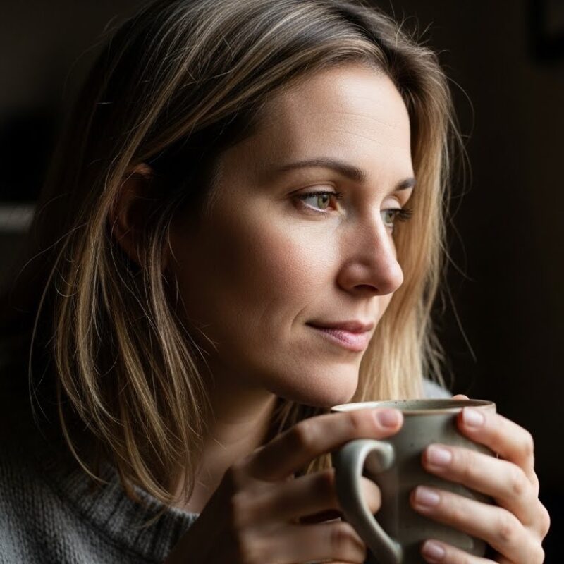 Woman sitting quietly with coffee in soft morning light, reflecting during a busy season of life.