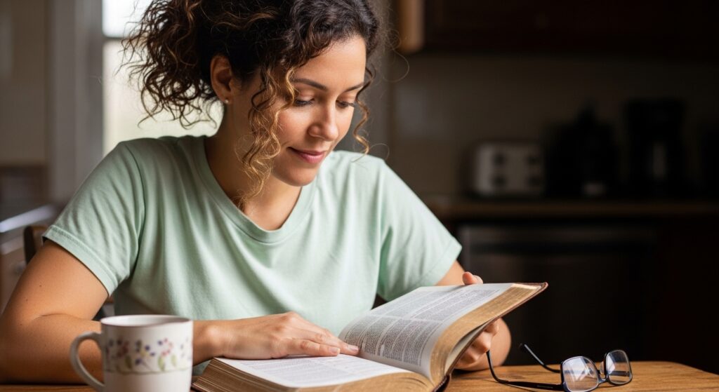 Woman reading the Bible quietly while reflecting during the Easter season
