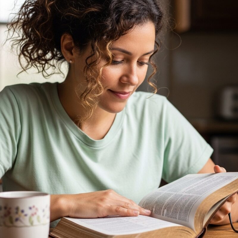 Woman reading the Bible quietly while reflecting during the Easter season