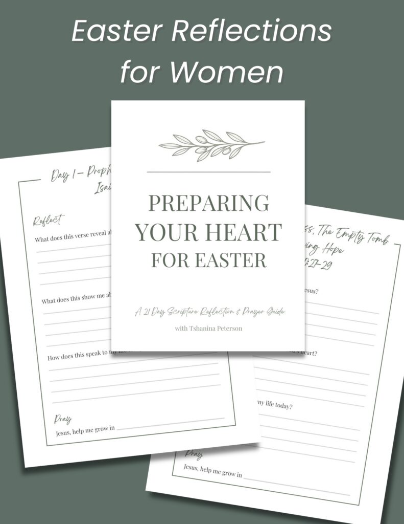 Easter Scripture reflection printable for women titled “Preparing Your Heart for Easter” displayed on a dark green background