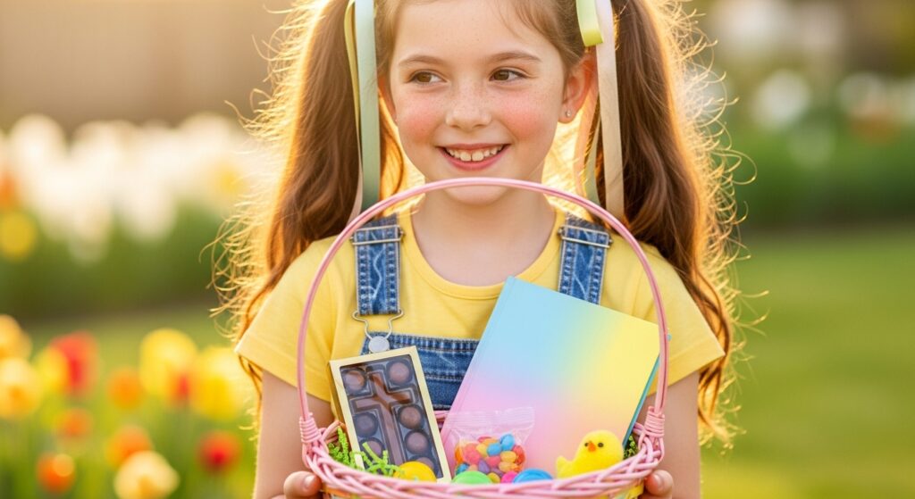 Young girl holding a Christian Easter basket with cross gift, candy, and book on a sunny spring day.